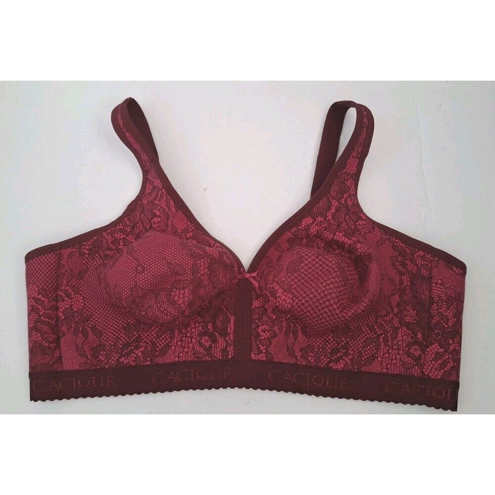 Cacique No Wire Cotton Bra Size 46DD Unlined Full Coverage Burgundy Red Floral